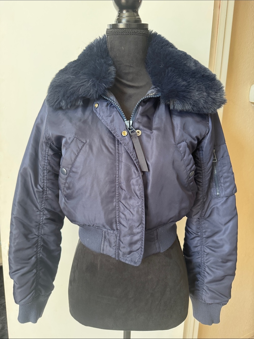 Urban Outfitters Navy Bomber Jacket with Faux Fur Collar size XS